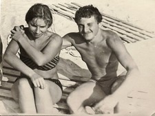 1970s Soviet Shirtless Man Woman Bikini Beach Hug Gay Interest Vtg Photo B&W picture