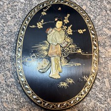 Vtg Hand Painted Chinese Lacquered Wooden Plaque 8.5” By 12” picture