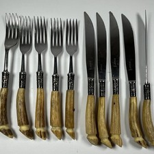 Vintage Antler Handle Steak Knife Fork Set 10 Pc Service for 5.  Silver Ferrule picture