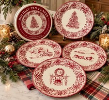 Vtg Restoration Hardware Holiday Tin Litho Plate Set 4 Xmas Plates Red Ivory  picture