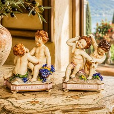 Pair Hand Painted Italian Porcelain Cherubs Antique Capodimonte Putti Figurines  picture