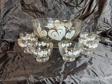 VTG Anchor Hocking 13 pc Punch Bowl Set White Grape Leaves Gold Trim + 12 Cups picture