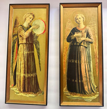Pair Vintage Fra Angelico Musician Angels Gold Foil Embossed Prints Framed MCM picture