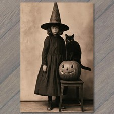 POSTCARD Black Cat Jack O Lantern Witch Hat Girl Halloween Sepia Portrait picture