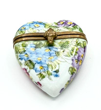 Vintage Limoges France Heart Trinket Box Hand Painted Porcelain Forget Me Not picture