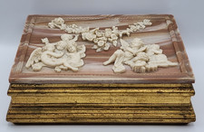 Vintage Wood & Incolay Stone Jewelry Box Florentine Cherubs Flowers READ BLUE picture