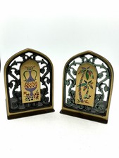 Vintage Dayagi Israel Brass Bookends 4043 Enamel Vase Floral MCM Judaica Pair picture