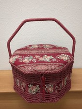 Vintage Hexagon Woven Wicker Sewing Basket Burgundy And Pink Floral 12