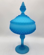 VTG Indiana Glass Blue Satin Diamond Point Pedestal Compote w/Lid Dish GLOWS picture