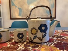 Vintage Hand Painted Tea Set - Speckled Japanese Pottery - Blue &Yellow Flowers picture