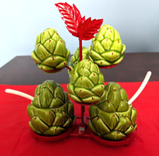Vintage Japanese Ceramic Artichoke Tree Condiment Set with Red Metal Holder picture