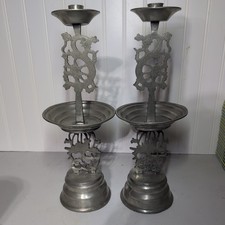 15 inch Vintage Pewter Chinese Candlestick Holders picture