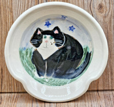 Art Pottery Painted Black Fat Cat Kitty Kitten Spoon Rest Signed Vintage Unique picture