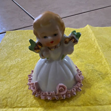 Vintage porcelain blonde hair Figurine White Dress Pink Rose Base Bell/Japan picture