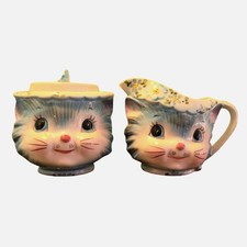 Vintage Lefton Miss Priss Ceramic sugar jar & creamer Blue Cat Floral Hat 1950s picture