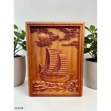 Hand Carved Golden Teak Wood Junk Sailing Ship Boat Thai Art 20x26cm picture