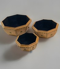 Set 3 Vintage Wooden Studded Octagonal Bowl Black Velvet Lining picture