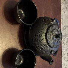 Tetsubin Kettle Vintage Cast Iron Teapot Black 5/PCS 2 Cups Lid Stand Tea Set picture