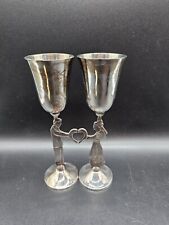 Alef Judaica Wedding Kiddush Silver Plated Goblets Couple With Joined Heart Vtg. picture