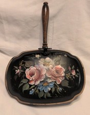 Vintage  Nashco Hand Painted Flowers Tole Ware Silent Butler Wood Handle Black picture