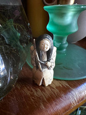 VTG Small Asian Carved Netsuke Figurine Woman Kimono Rotating Face Signed Resin  picture