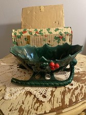 Lefton Vintage Ceramic Green Holly Berry Sleigh In Box picture