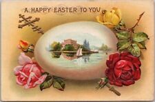 Vintage HAPPY EASTER Embossed Postcard Lake Scene / Colorful Roses c1910s picture