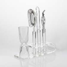 Vintage Rare 70s Lucite Bar Tool Set 5pc Clear Acrylic Stand Strainer Opener MCM picture