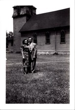 Young Couple Outside Church, 1948 B&W Snapshot Vintage Photograph picture