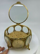VTG Gold Gilt Ormolu Filigree Floral Bouquet Octagon Casket Trinket Jewelry Box picture