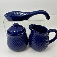 3 Pc Set Creamer 4” Sugar Bowl/Lid 4.5”Spoon Holder 7.5” Colbalt Blue Stripes picture
