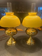 ANTIQUE PAIR GLASS FINGER OIL LAMP w/ YELLOW RIBBED ART GLASS SHADE ELECTRIC TOP picture