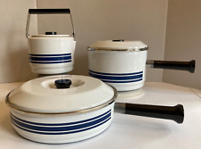 VTG CATHERINE HOLM MCM Enamelware 2 Saucepans 1 Teapot White Navy Blue Stripes picture