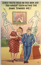Vintage Comic Humor Postcard, Museum Guard Statues Jealous Wife 1940s - Unposted picture