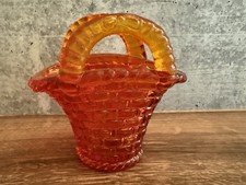 Vintage Small Amberina Glass Basket Two Handles Basketweave Pattern picture