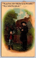 1914 Humorous Boy Smoking Pipe Behind Shed Vintage Postcard WMT Co. Ltd. picture
