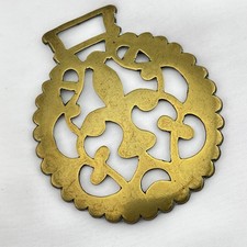 Brass Horse Medallion Antique English Fleur De Lis Double Hanger Moon Harness picture