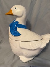 Vintage Mother Goose Ceramic Cookie Jar Blue Ribbon Bow Cottage Core picture