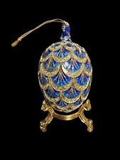 Cloisonne Faberge Inspired Egg Christmas Ornament w/ Stand~Cobalt Blue & Gold picture
