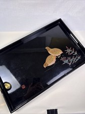 1980s Japanese Satsuma Black Lacquer Serving Tray. 12” X 19” With Handles picture