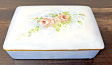 Vintage Hand Painted Porcelain Trinket Jewelry Box Floral Flower Blue Gold Trim picture