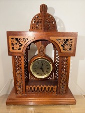 VTG Carved Wood Mantel Clock Floral Openwork Scrollwork Made in USA picture