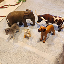 vintage Schleich Animal Figurine Lot 5 Elephant Longhorn Dog Wolf Tiger picture
