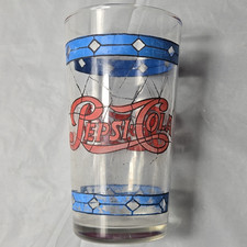 Vintage Pepsi Clear Drinking Glass/Tumbler Blue Band Red Logo Soda Theme picture