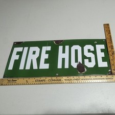 Vintage Porcelain Fire Hose Sign Original Industrial Heavy Steel Utility Marker picture