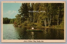 Hillsdale Michigan Man Rowboat Lake Fishing Postcard picture
