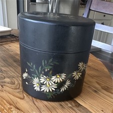 Antique Victorian Japanned Toleware Tin Hand Painted Daisies Collar Box picture