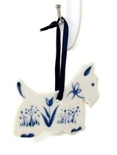 Scotty Dog Ornament Delft Style Ceramic Russ Blue White 3 1/2 inch US Seller picture
