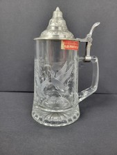 Vintage ALWE Beer Stein Etched Crystal w/ Embossed Pewter Lid West Germany picture