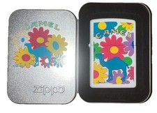 VTG 1996 Zippo Joe Camel Cigarettes Retro Flower Power Lighter & Tin Matte White picture